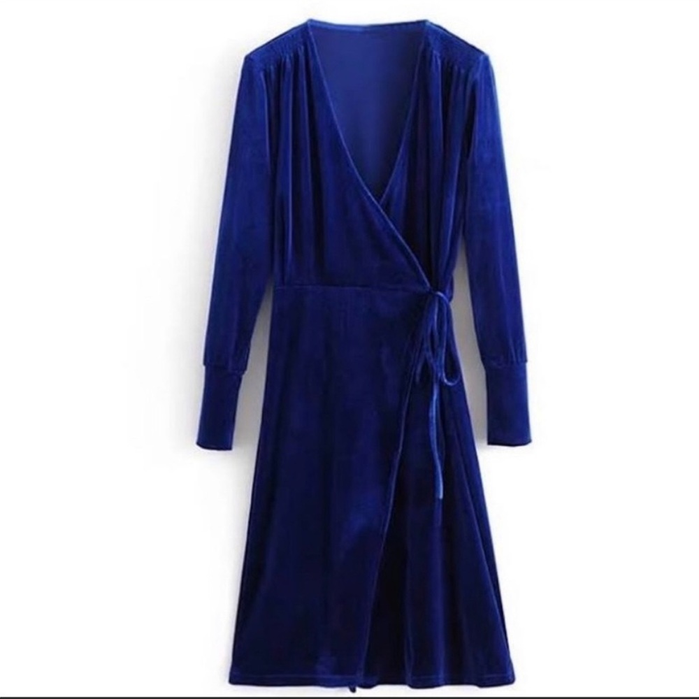 Zara blue velvet wrap dress